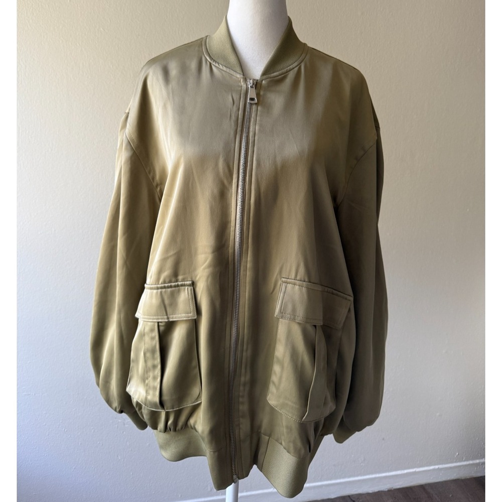 B.young Satin Bomber Jacket Womens 36 Olive Green Full Zip‎ Pockets Lightweight